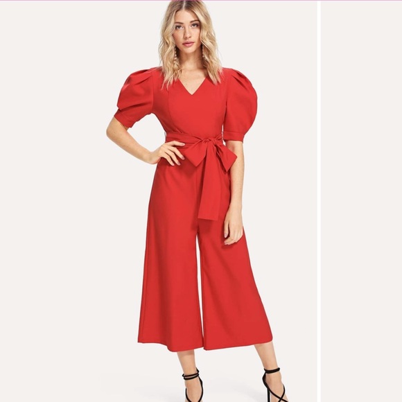 Pants - NEED GONE Red Puff Sleeve Jumpsuit